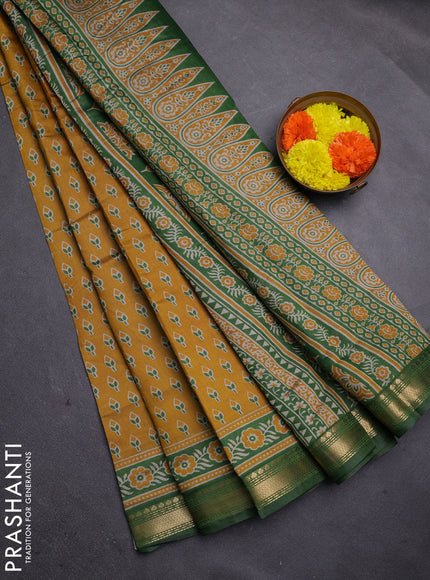 Mustard Yellow & Green Semi Maheshwari Cotton Saree