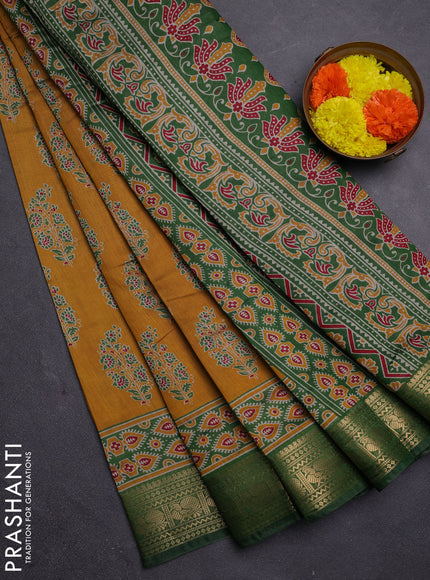 Mustard Yellow & Green Semi Maheshwari Cotton Saree