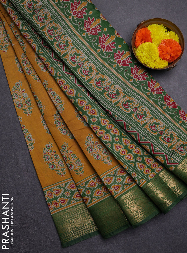Mustard Yellow & Green Semi Maheshwari Cotton Saree