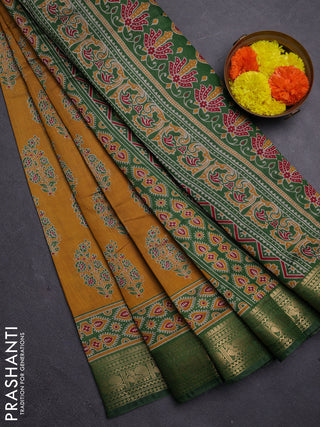 Mustard Yellow & Green Semi Maheshwari Cotton Saree