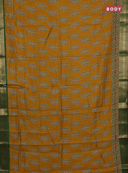 Mustard Yellow & Green Semi Maheshwari Cotton Saree