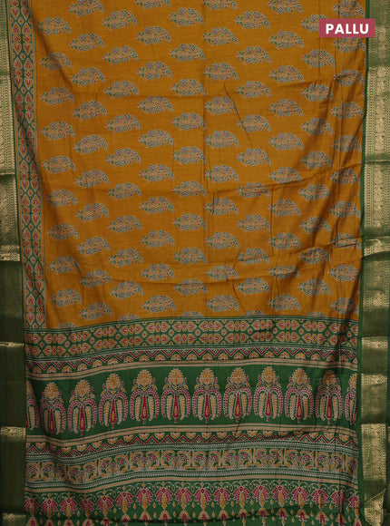 Mustard Yellow & Green Semi Maheshwari Cotton Saree