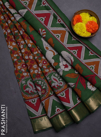 Mustard Yellow & Green Semi Maheshwari Cotton Saree