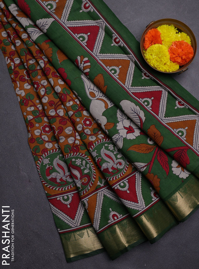 Mustard Yellow & Green Semi Maheshwari Cotton Saree