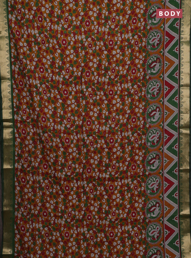 Mustard Yellow & Green Semi Maheshwari Cotton Saree