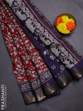 Maroon & Blue Semi Maheshwari Cotton Saree