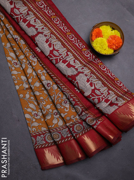 Mustard Yellow & Maroon Semi Maheshwari Cotton Saree