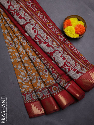 Mustard Yellow & Maroon Semi Maheshwari Cotton Saree