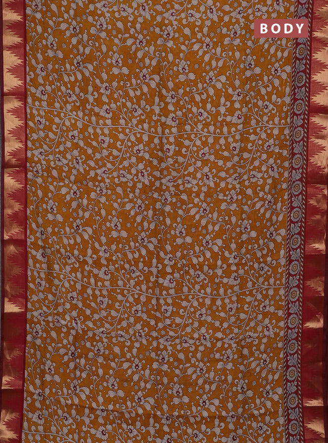 Mustard Yellow & Maroon Semi Maheshwari Cotton Saree