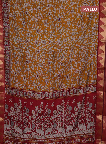 Mustard Yellow & Maroon Semi Maheshwari Cotton Saree