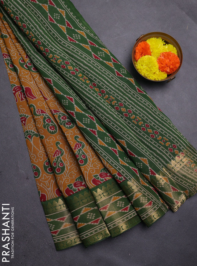 Mustard Yellow & Green Semi Maheshwari Cotton Saree