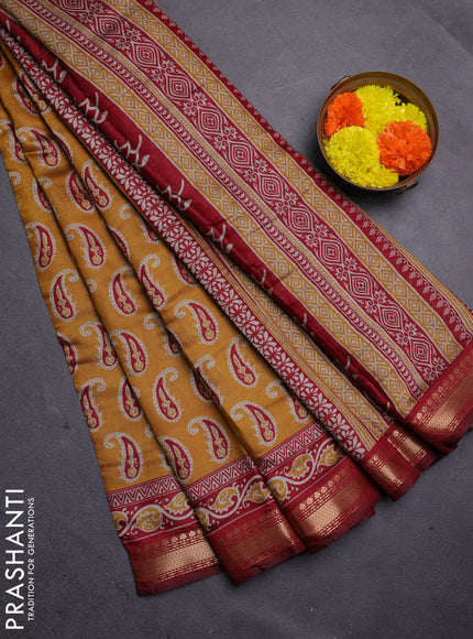 Mustard Yellow & Maroon Semi Maheshwari Cotton Saree