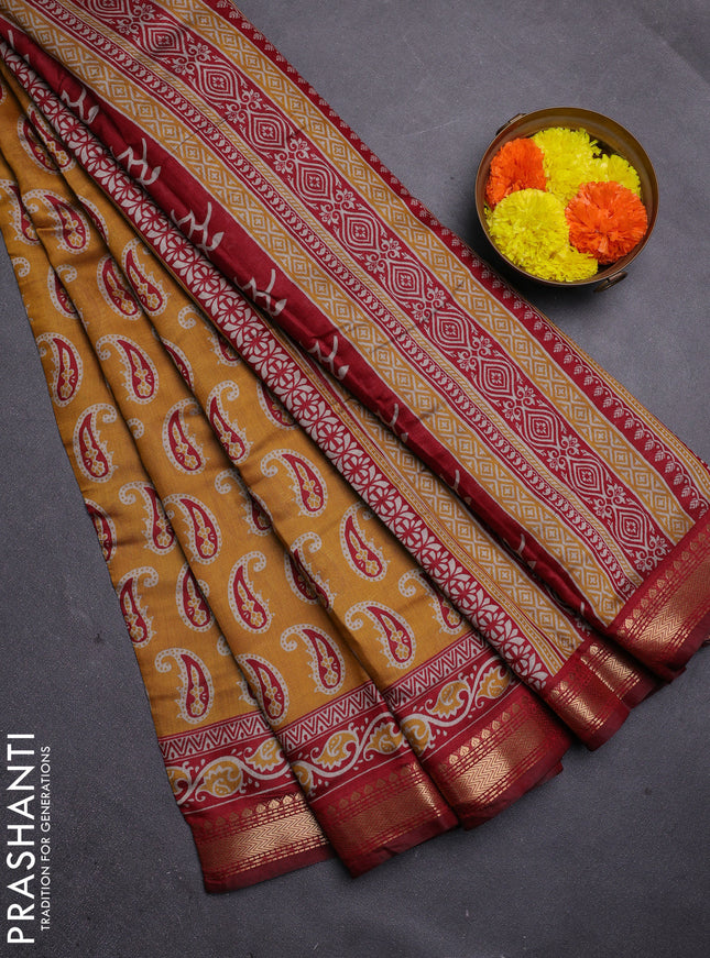Mustard Yellow & Maroon Semi Maheshwari Cotton Saree