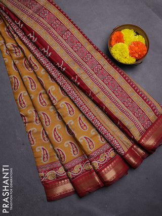Mustard Yellow & Maroon Semi Maheshwari Cotton Saree