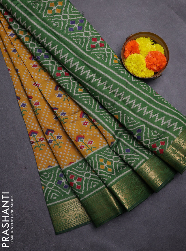 Mustard Yellow & Green Semi Maheshwari Cotton Saree