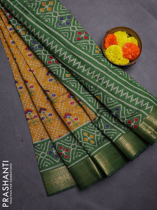 Mustard Yellow & Green Semi Maheshwari Cotton Saree