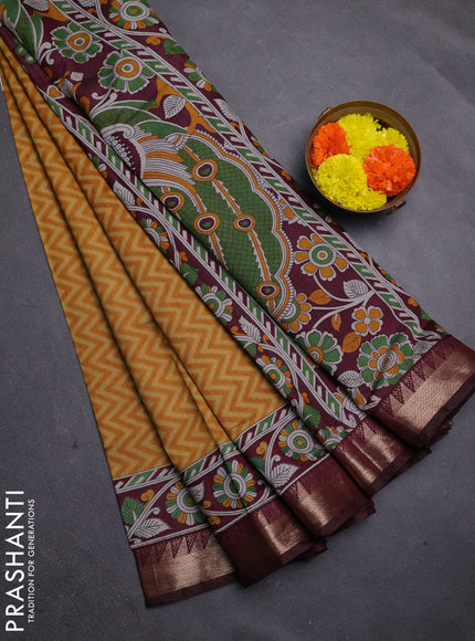 Mustard Yellow & Maroon Semi Maheshwari Cotton Saree