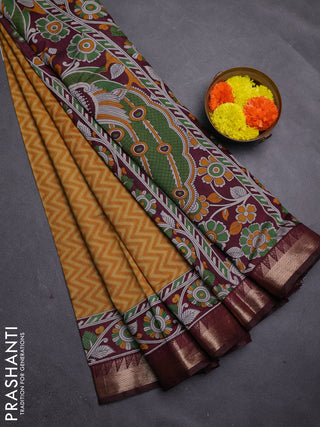 Mustard Yellow & Maroon Semi Maheshwari Cotton Saree