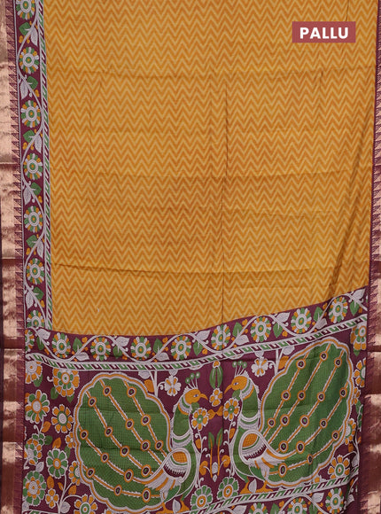 Mustard Yellow & Maroon Semi Maheshwari Cotton Saree