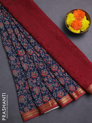 Navy Blue & Maroon Muslin Silk - Prints