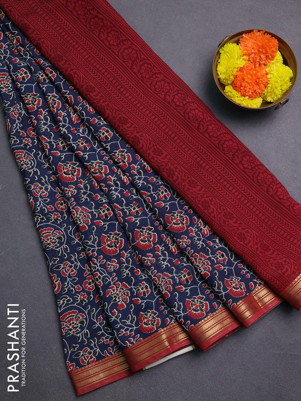 Navy Blue & Maroon Muslin Silk - Prints