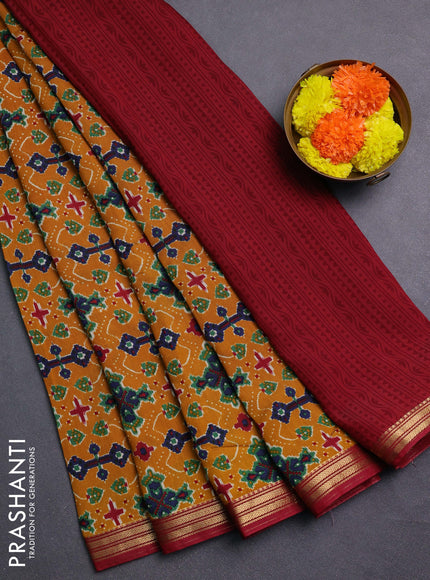 Mustard Yellow & Maroon Muslin Silk - Prints