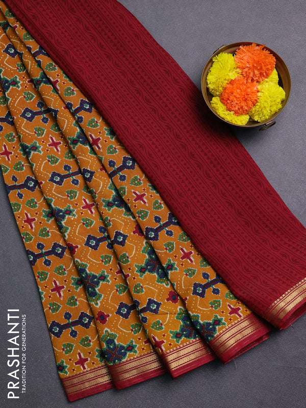 Mustard Yellow & Maroon Muslin Silk - Prints