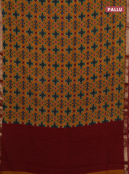 Mustard Yellow & Maroon Muslin Silk - Prints