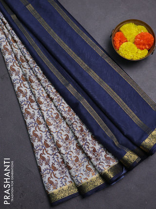 Off White & Grey Semi Mysore Silk Saree - Prints