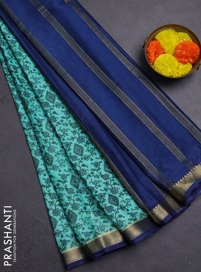 Teal Green & Blue Semi Mysore Silk Saree - Prints