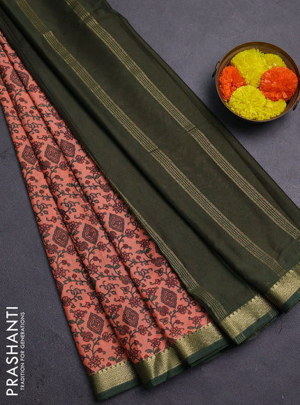 Peach & Green Semi Mysore Silk Saree - Prints