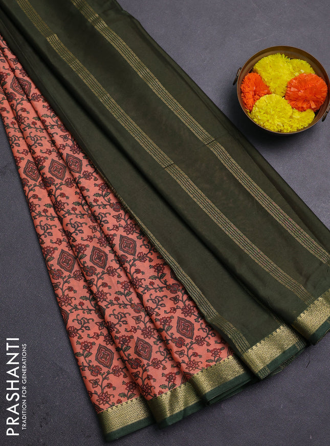 Peach & Green Semi Mysore Silk Saree - Prints