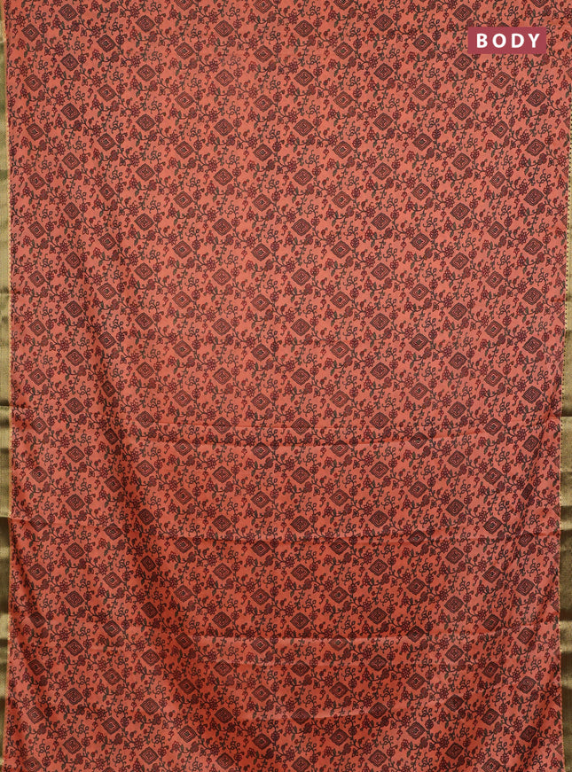 Peach & Green Semi Mysore Silk Saree - Prints