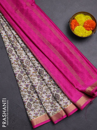 Off White & Pink Semi Mysore Silk Saree - Prints