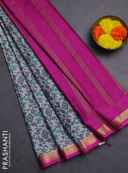 Grey & Pink Semi Mysore Silk Saree - Prints