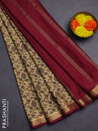 Beige & Maroon Semi Mysore Silk Saree - Prints