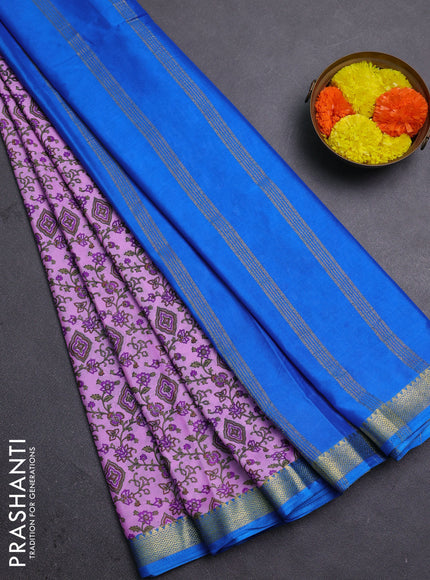 Lotus Pink & Cs Blue Semi Mysore Silk Saree - Prints