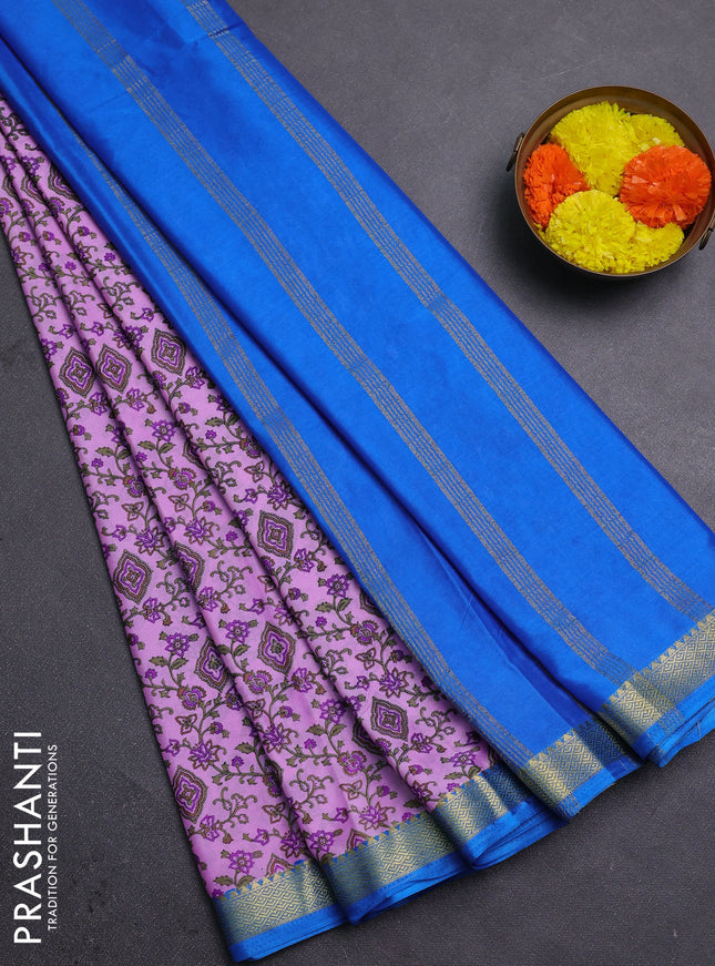 Lotus Pink & Cs Blue Semi Mysore Silk Saree - Prints