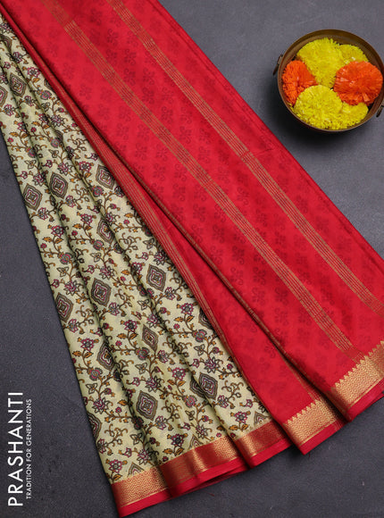Pale Yellow & Red Semi Mysore Silk Saree - Prints