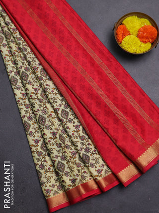 Pale Yellow & Red Semi Mysore Silk Saree - Prints