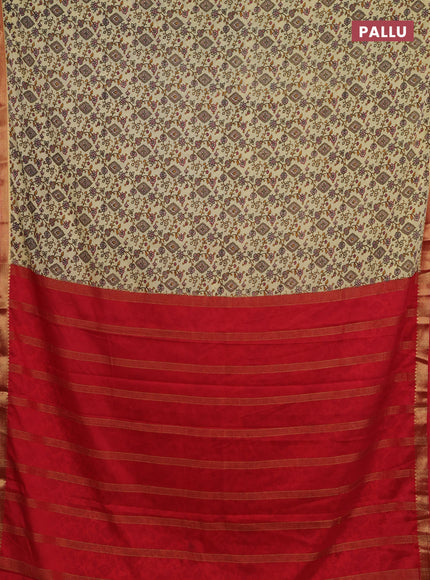 Pale Yellow & Red Semi Mysore Silk Saree - Prints
