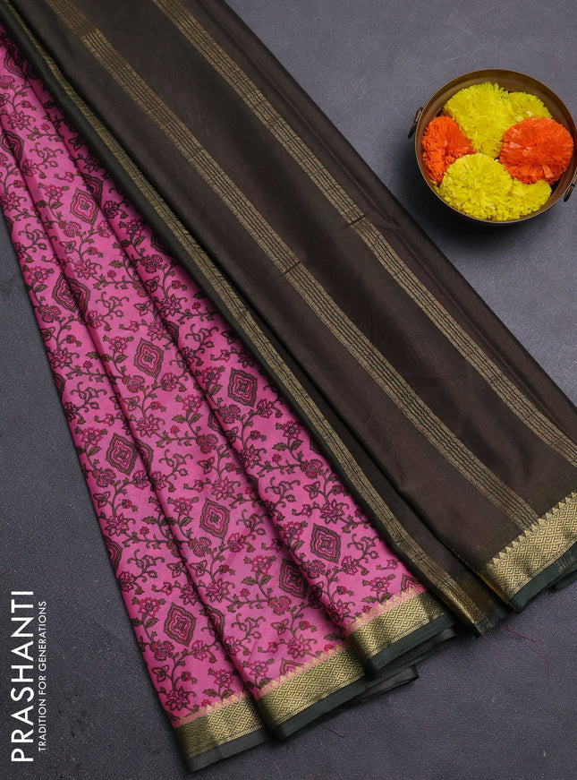 Pink & Green Semi Mysore Silk Saree - Prints