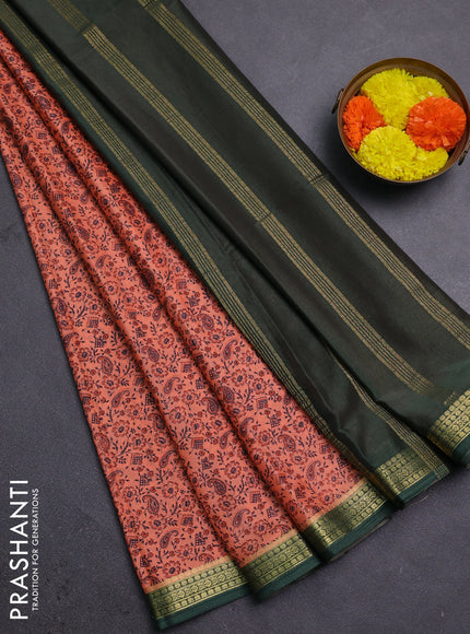 Peach  & Green Semi Mysore Silk Saree - Prints