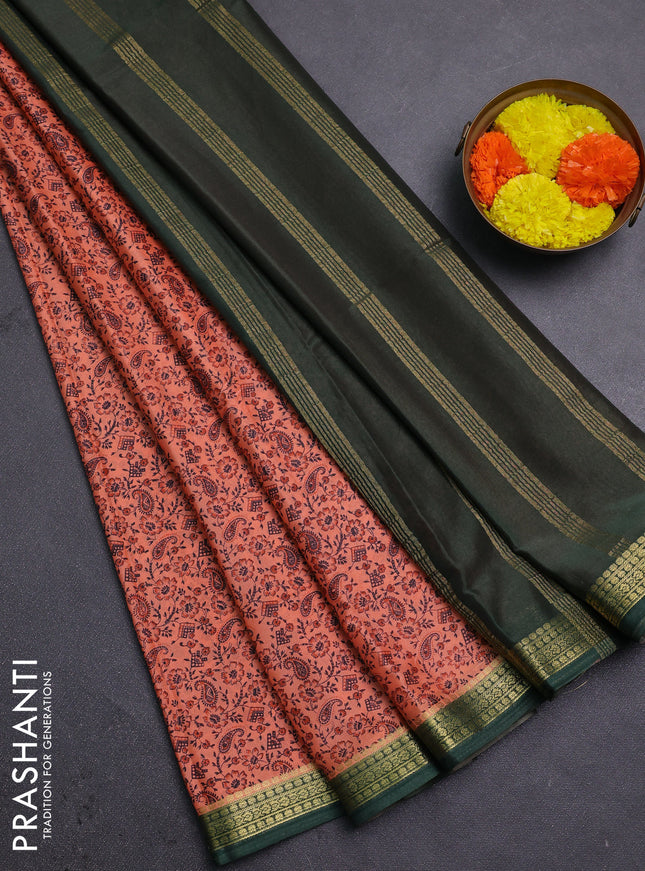 Peach  & Green Semi Mysore Silk Saree - Prints
