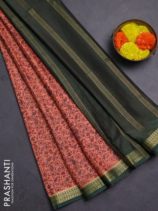 Peach  & Green Semi Mysore Silk Saree - Prints