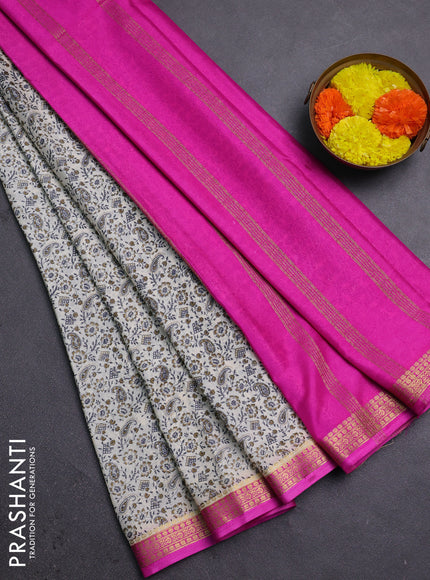 Cream & Pink Semi Mysore Silk Saree - Prints
