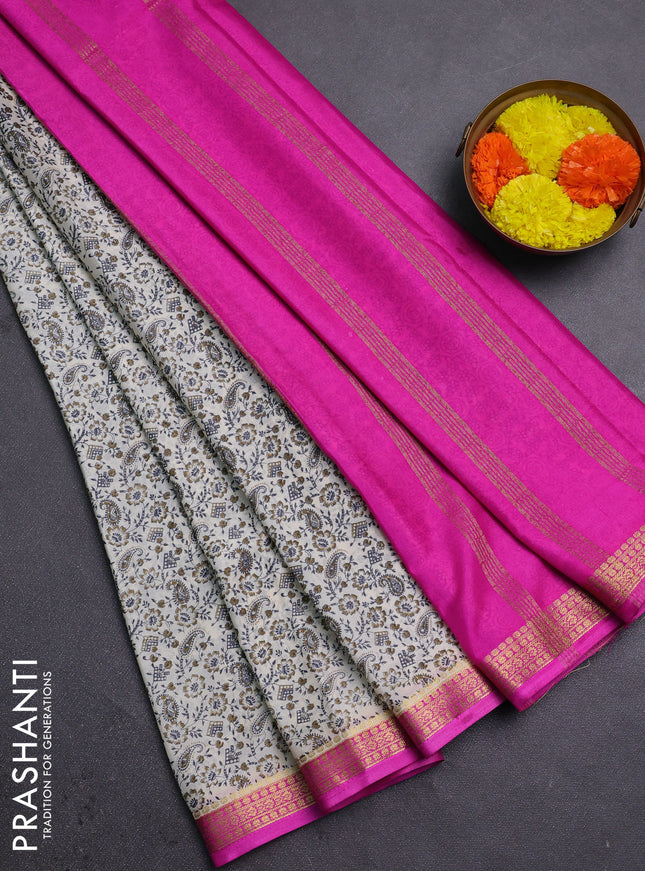 Cream & Pink Semi Mysore Silk Saree - Prints