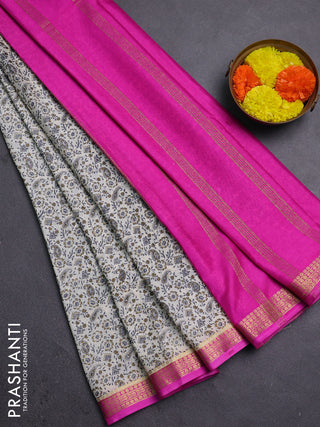 Cream & Pink Semi Mysore Silk Saree - Prints