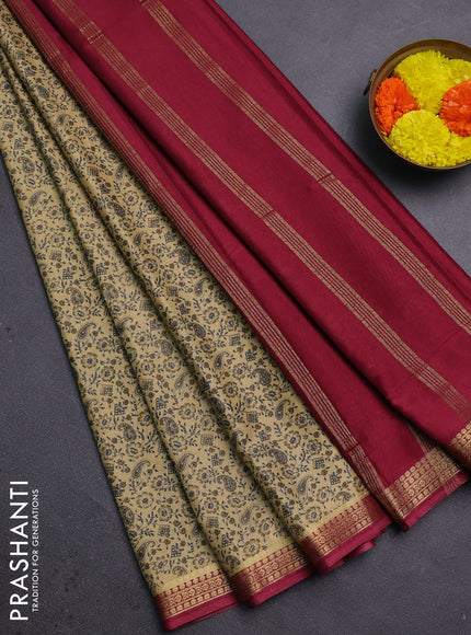 Beige & Maroon Semi Mysore Silk Saree - Prints