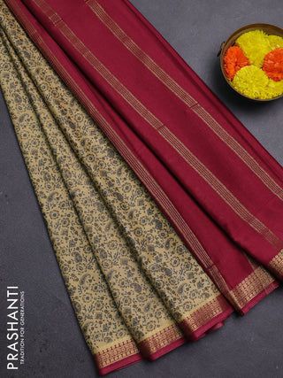 Beige & Maroon Semi Mysore Silk Saree - Prints